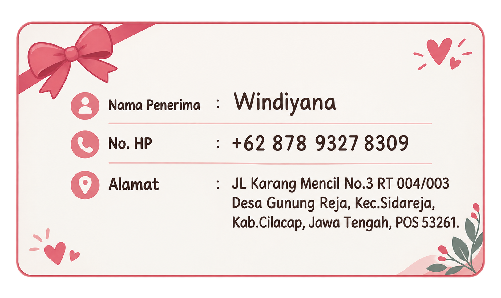 Kartu alamat penerima hadiah